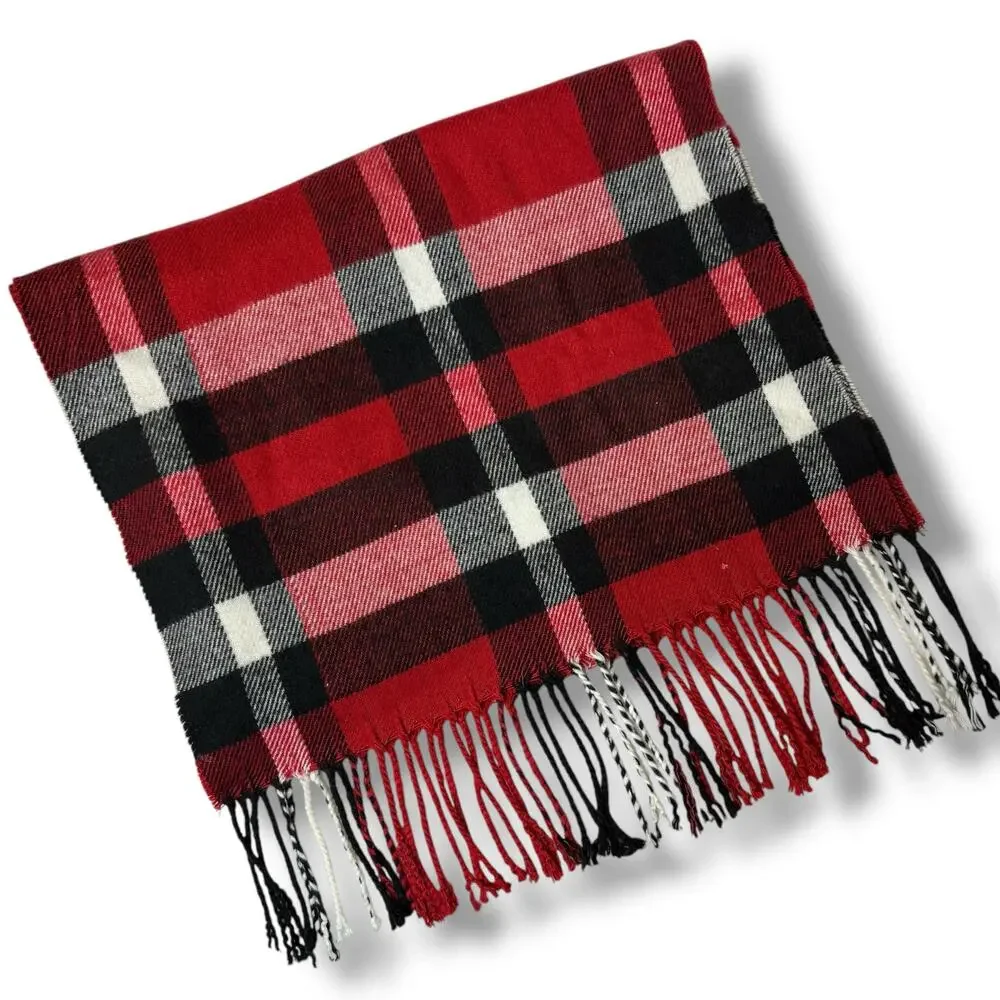 100% Cashmere Scarf in Red Black and White Plaid with Fringe